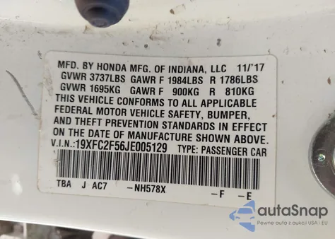 2018 Honda Civic Lx from USA, damaged, VIN 19XFC2F56JE005129